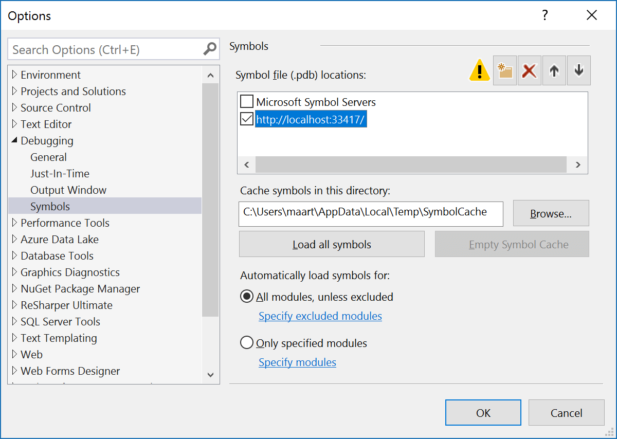 Visual Studio symbol loading settings - add dotPeek