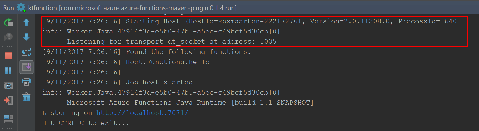JVM running our Kotlin Azure Function exposes debugger port
