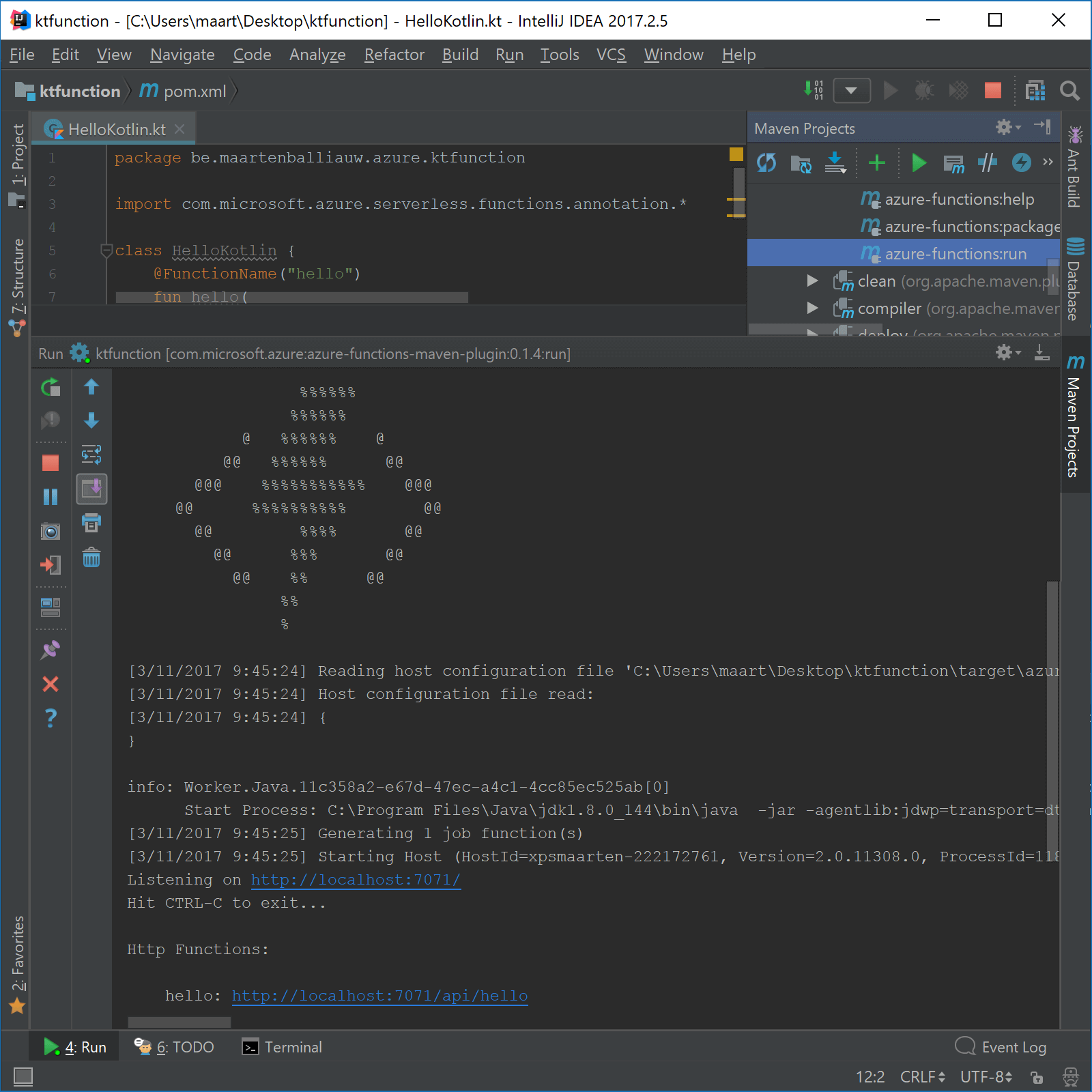 Run Kotlin Azure Function in emulator