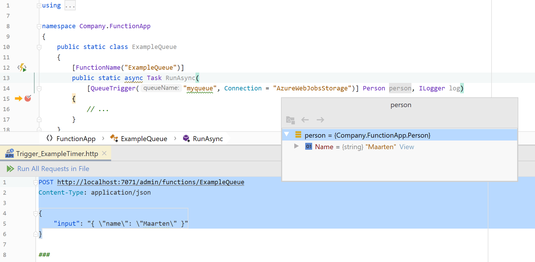 Invoke Azure Function with payload