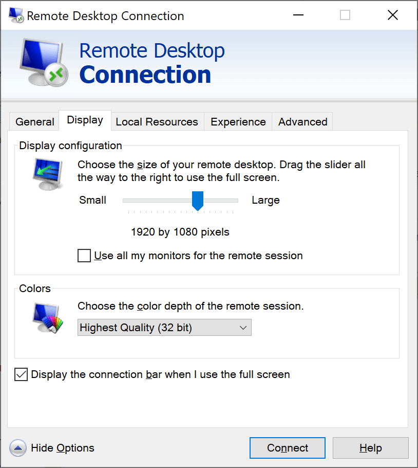 Remote desktop connection display settings