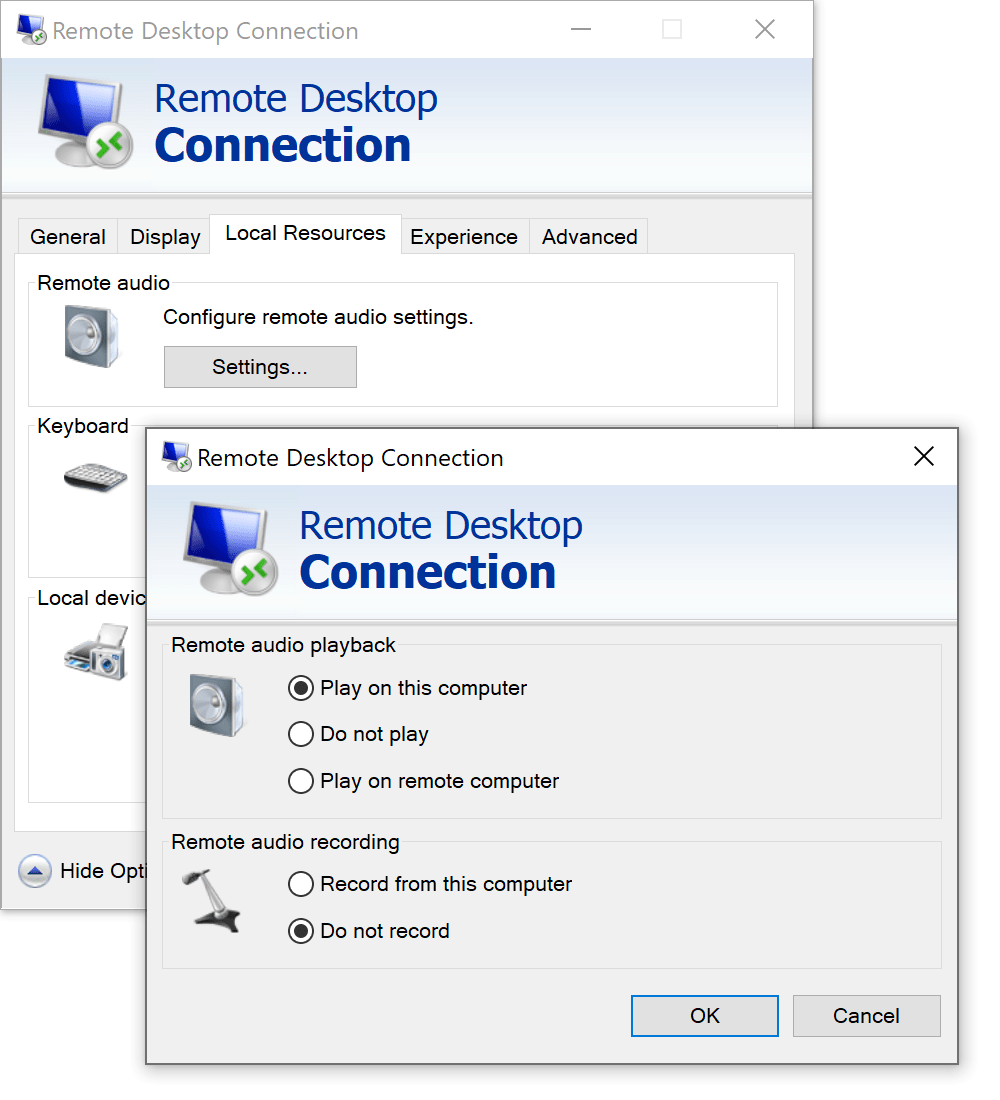 Remote desktop connection audio settings