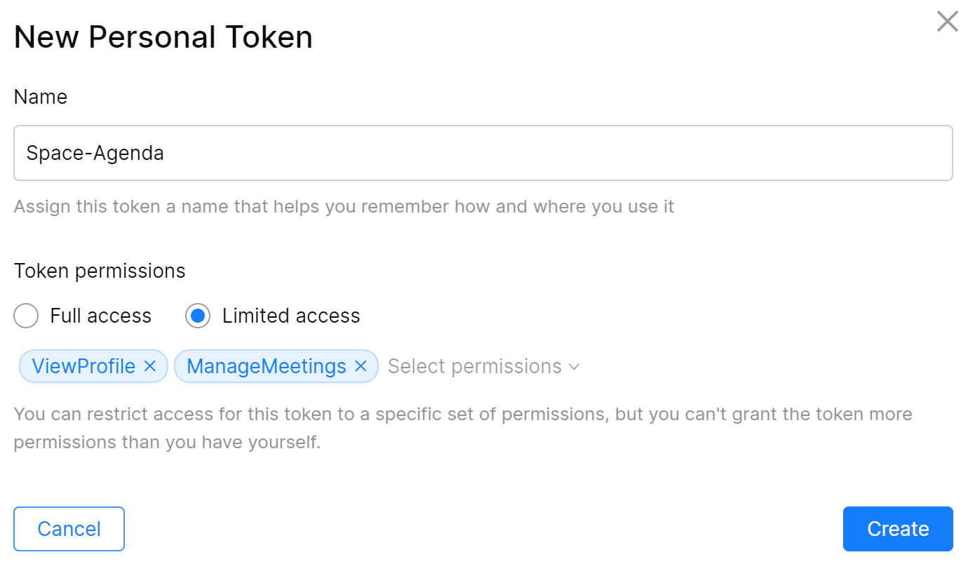 Create Space personal token