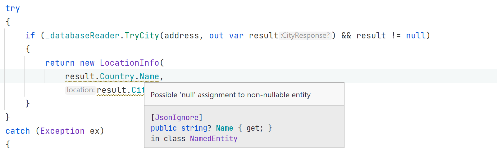 Possible 'null' assignment to non-nullable entity