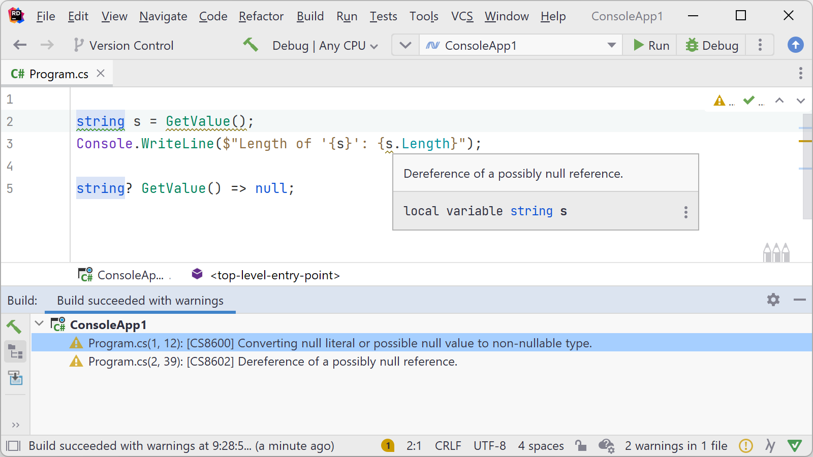 possible null reference assignment in c#