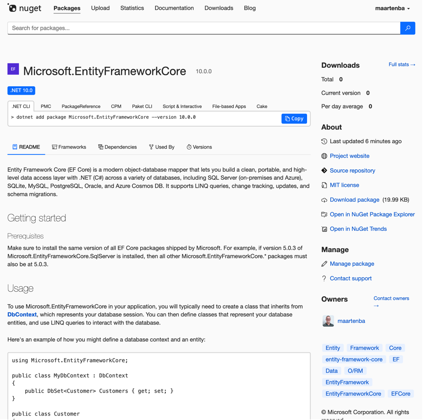 Mіcrosοft.EոtityFramewοrkCorе on NuGet