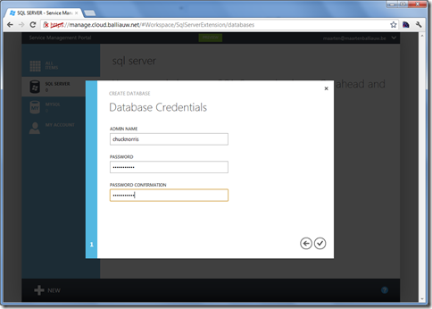 Windows Azure Services for Windows Server create database