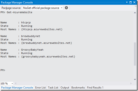 List Windows Azure Web Site from NuGet Package Manager console