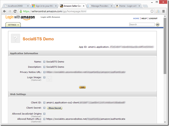 Amazon Login with Access Control on Windows Azure