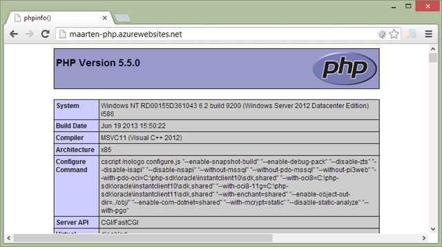 Running PHP 5.5 on Windows Azure